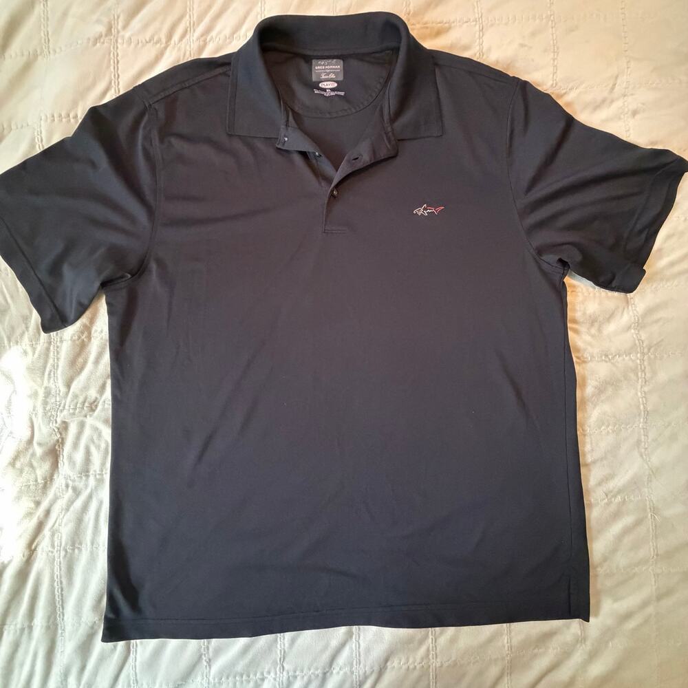 Greg Norman Tasso Elba Men’s Black Golf Polo Size XL PlayDry Shark Logo
